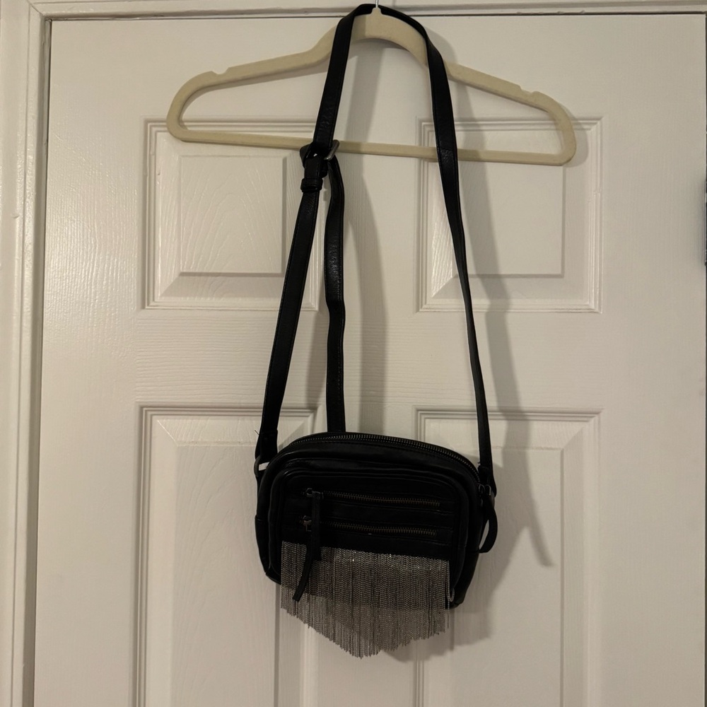 Free People Black Crossbody Bag with Silver Chain Fringe